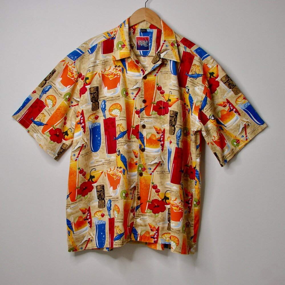 Hawaiian Short Sleeve Shirt Tiki Parrot Cocktails Floral Relaxed Fit Size XXL